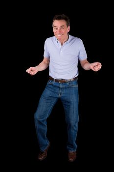 Funny Middle Age Man doing Silly Dance Black Background