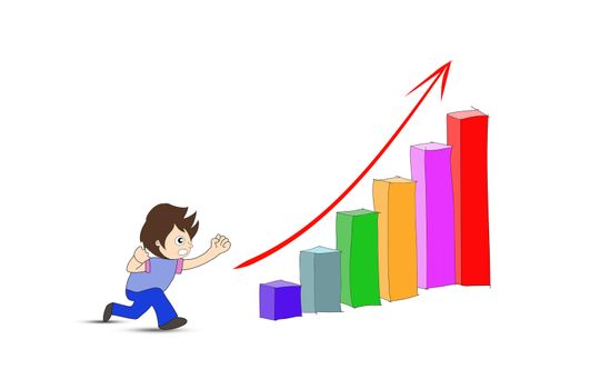 Hand drawn office worker climbs up chart