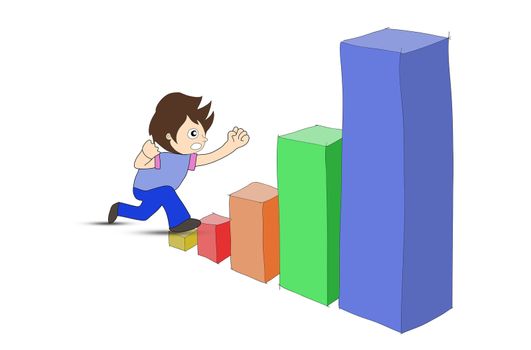 Hand drawn office worker climbs up chart