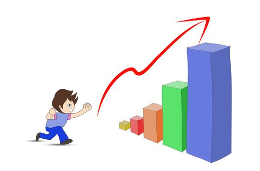 Hand drawn office worker climbs up chart