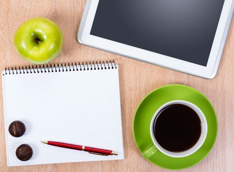 pen, coffee, notepad and tablet, workplace businessman