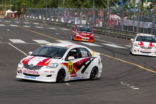 NAKHONRATCHASIMA, THAILAND-SEPTEMBER 02 :Drive by L.Somhathai in  Competition " Toyota One Make Race 2012 " Round 4  Championship of Thailand, on SEPTEMBER 02, 2012   at Sport Complex in Nakhonratchasima, Thailand