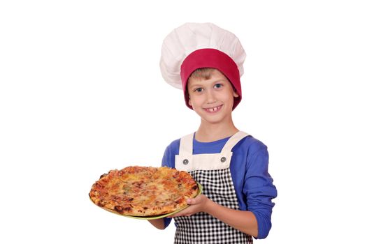 happy boy chef with pizza