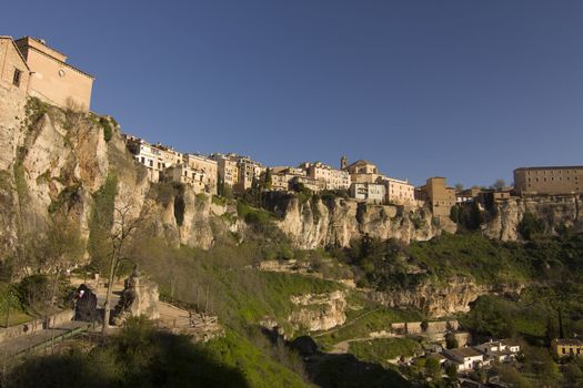 The medieval town of Cuenca is built on a rocky outcrop at the Hoz de Huecar, a gorge formed at the join of the Jucar and Huecar rivers in La Mancha province of Spain