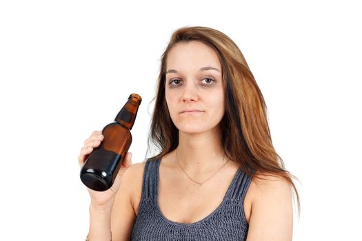Drunk or alcoholic young woman with beer bottle on white