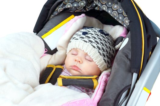 Cute newborn baby girl sleeping in car seat,winter clothing