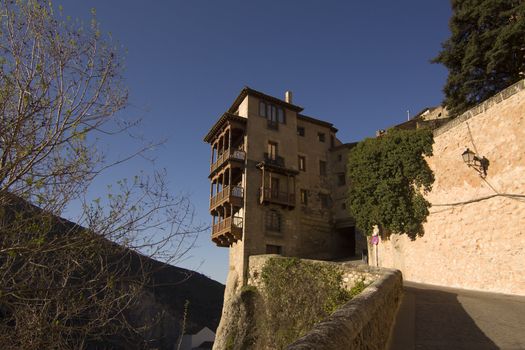 Hanging Houses of Cuenca are built on a rocky outcrop at the Hoz de Huecar, a gorge formed at the join of the Jucar and Huecar rivers in La Mancha province of Spain