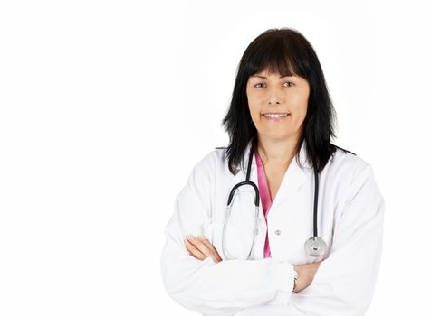 Friendly woman doctor smiling on white