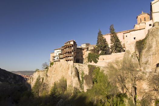Hanging Houses of Cuenca are built on a rocky outcrop at the Hoz de Huecar, a gorge formed at the join of the Jucar and Huecar rivers in La Mancha province of Spain
