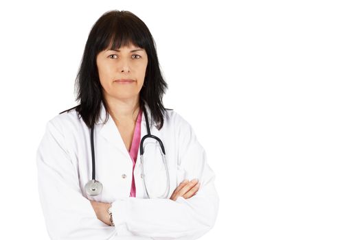 Friendly woman doctor looking at camera on white