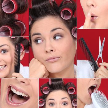 Collage of young woman with hair curlers