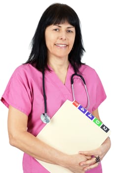 Friendly female doctor or nurse in pink isolated on white.