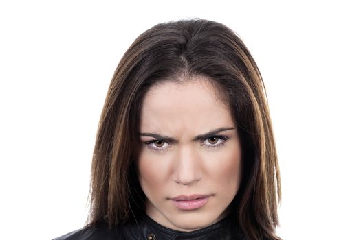 Portrait of dissatisfied young woman on white background