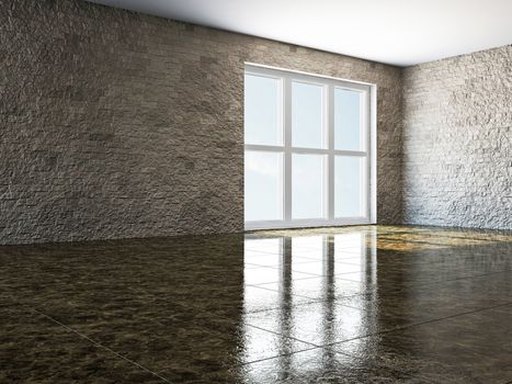 The empty room with big panoramic window