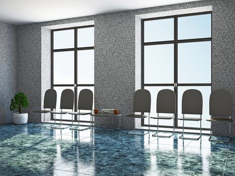 Hall with leather chairs and marble floor