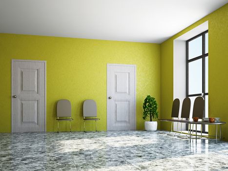 Hall with leather chairs and marble floor