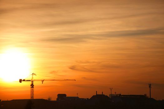 City skyline at sunset