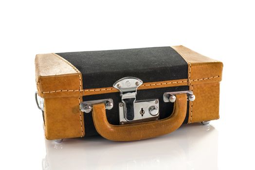 leather suitcase in brown and black isolated on white