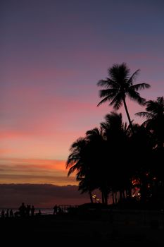Palm trees and people are silhouetted against the sunset on Waikiki Beach, Oahu, Hawaii, in a vertical image with copy space