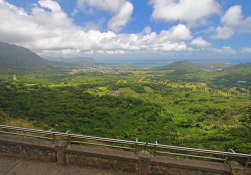 View of the windward coastline of Oahu, Hawaii, from the Nuuanu Pali Lookout in the mountains above Honolulu