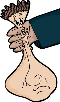 Cartoon of face being squeezed in hand over white background