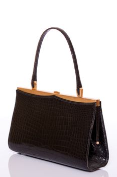 Leather elegant lady's black handbag crocodile textured