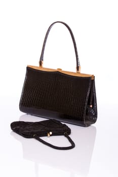 Leather elegant lady's black handbag crocodile textured and wallet