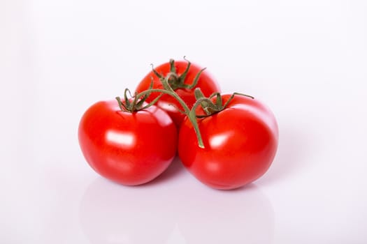 Three shiny round red tomatoes in grape