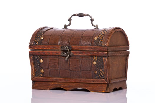 Brown wooden old treasury case on white background