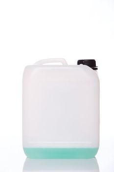 White canister with blue liquid inside on white background