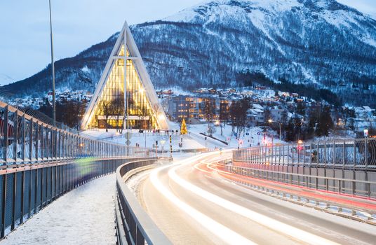 Tromso Arctic Cathedral Church in Norway at dusk twilight