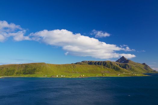 Scenic panorama of green Lofoten islands in Norway during summer