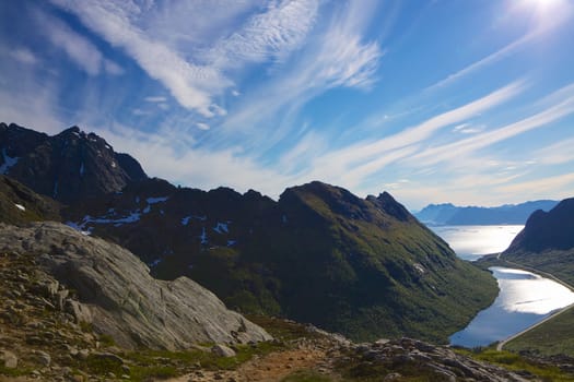 Natural landscape with fjord on Lofoten islands in Norway