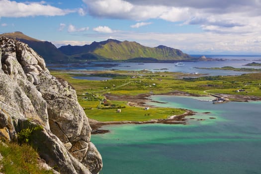 Scenic panorama of green Lofoten islands in Norway during summer