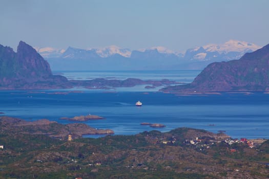 Picturesque norwegian panorama on Lofoten islands near town of Svolvaer