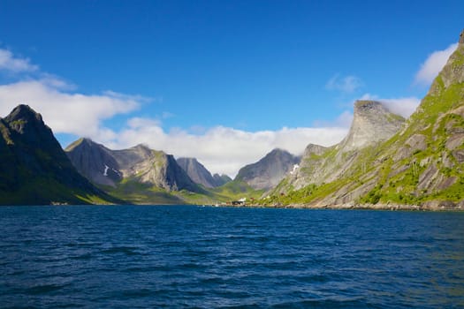 Scenic panorama of fjord on Lofoten islands in Norway on sunny summer day
