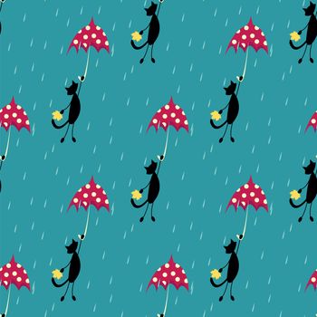 seamless pattern with cat fly with red umbrella