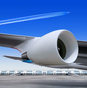 turbine of big passenger plane that waiting for departure in airport