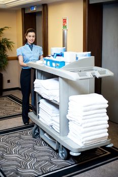 An active worker pushing housekeeping cart around the lobby. Its worktime