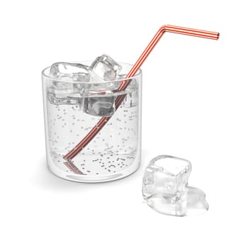 Glass of sparkling water with ice and straw isolated on white background