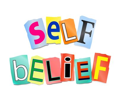 Illustration depicting cutout printed letters arranged to form the words self belief.