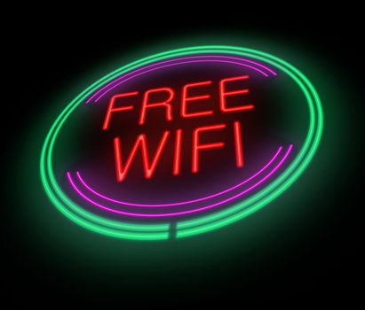 Illustration depicting an illuminated free wifi neon sign.