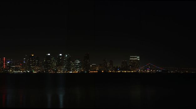 Panoramic view of the skyline of San Diego from the water at night