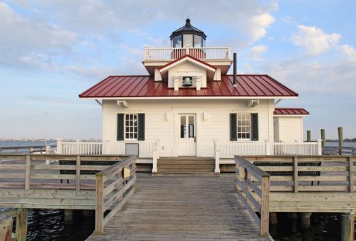 This is a replica of the original Roanoke Marshes Light which was at the southern entrance to Croatan Sound near Wanchese, North Carolina.  The replica was finished in 2004 and is located on the waterfront in Manteo, where it serves as a reminder of the past and the venue for various events sponsored by the North Carolina Maritime Museum.