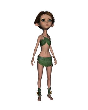 3D digital render of a cute forest elf girl in a leafy suit on white background