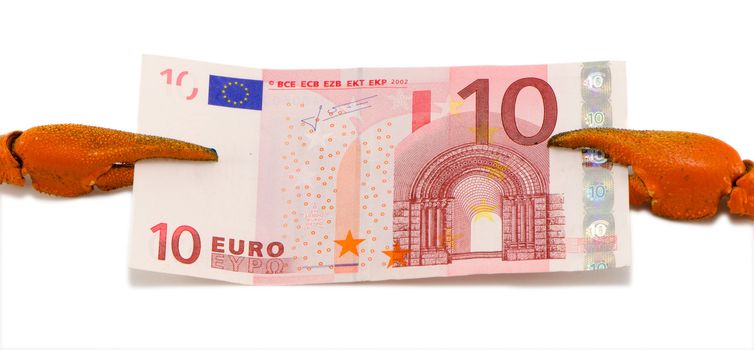cancer claw clip hold euro european cash paper money banknote isolated on white concept of currency money market changes