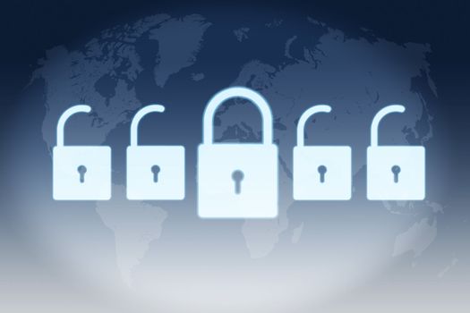 security concept - Locks on blue background with world map