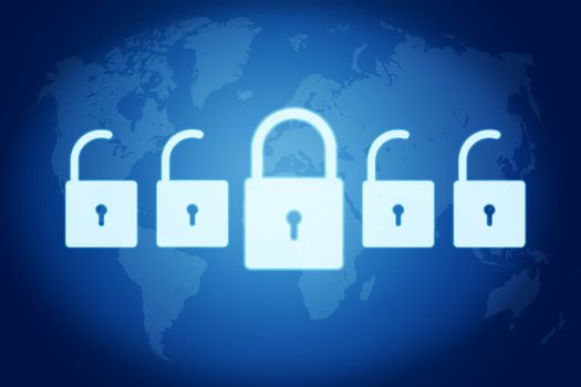security concept - Locks on blue background with world map