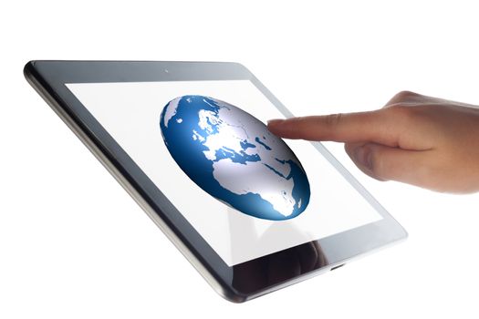 Tablet Computer with a hand pressing world globe icon 