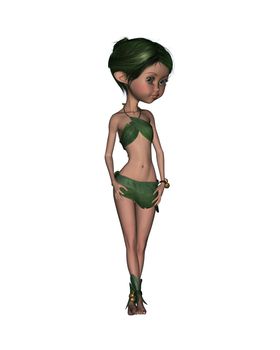 3D digital render of a cute forest elf girl in a leafy suit on white background